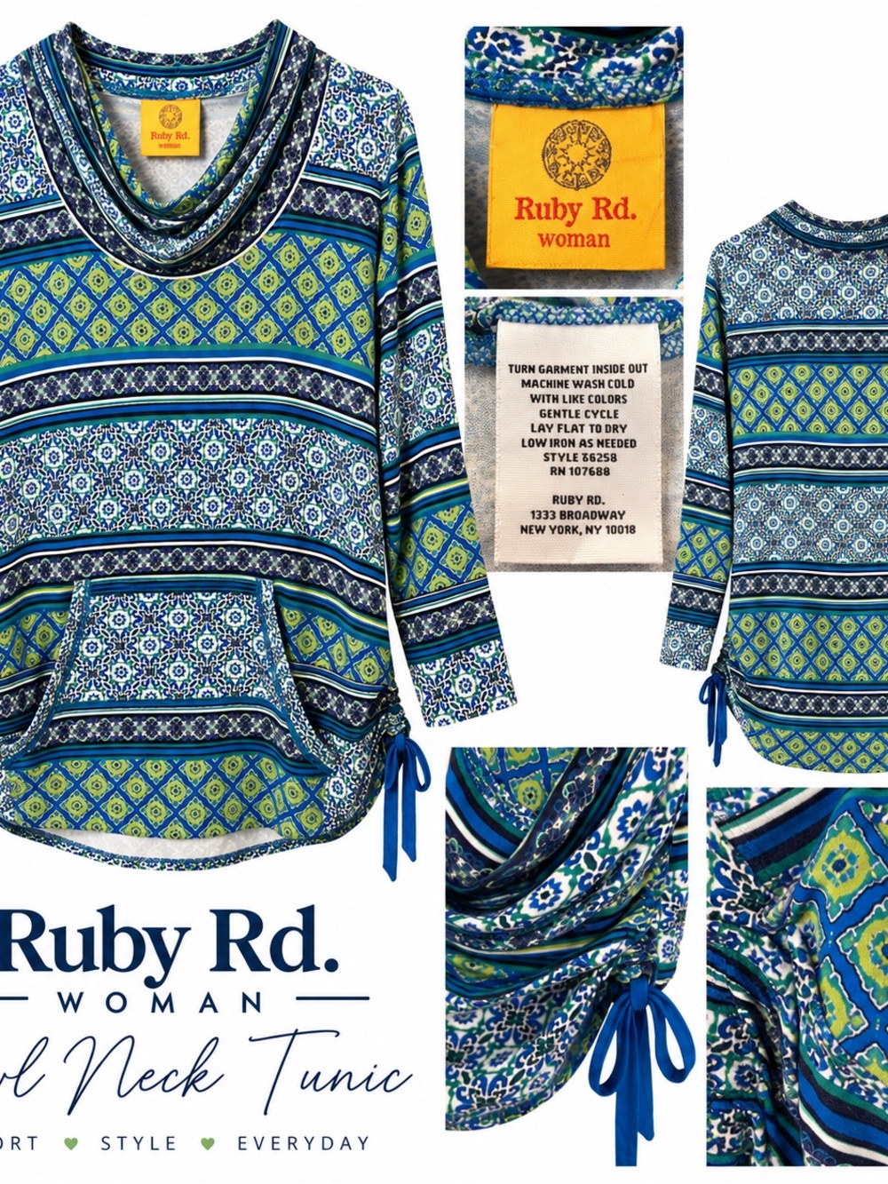 Ruby Rd. Blue & Green Patterned Cowl Neck Tunic